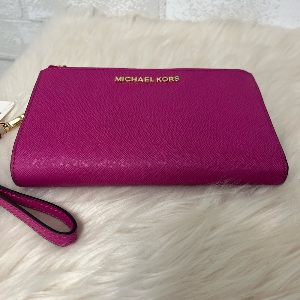 Michael Kors Adele Saffiano Leather Pink Phone Case Wallet Wristlet - Picture 5 of 7
